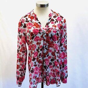 KUT from the Kloth Women Long Sleeve Button Down Pink Floral Sheer Roll Tab Sz M